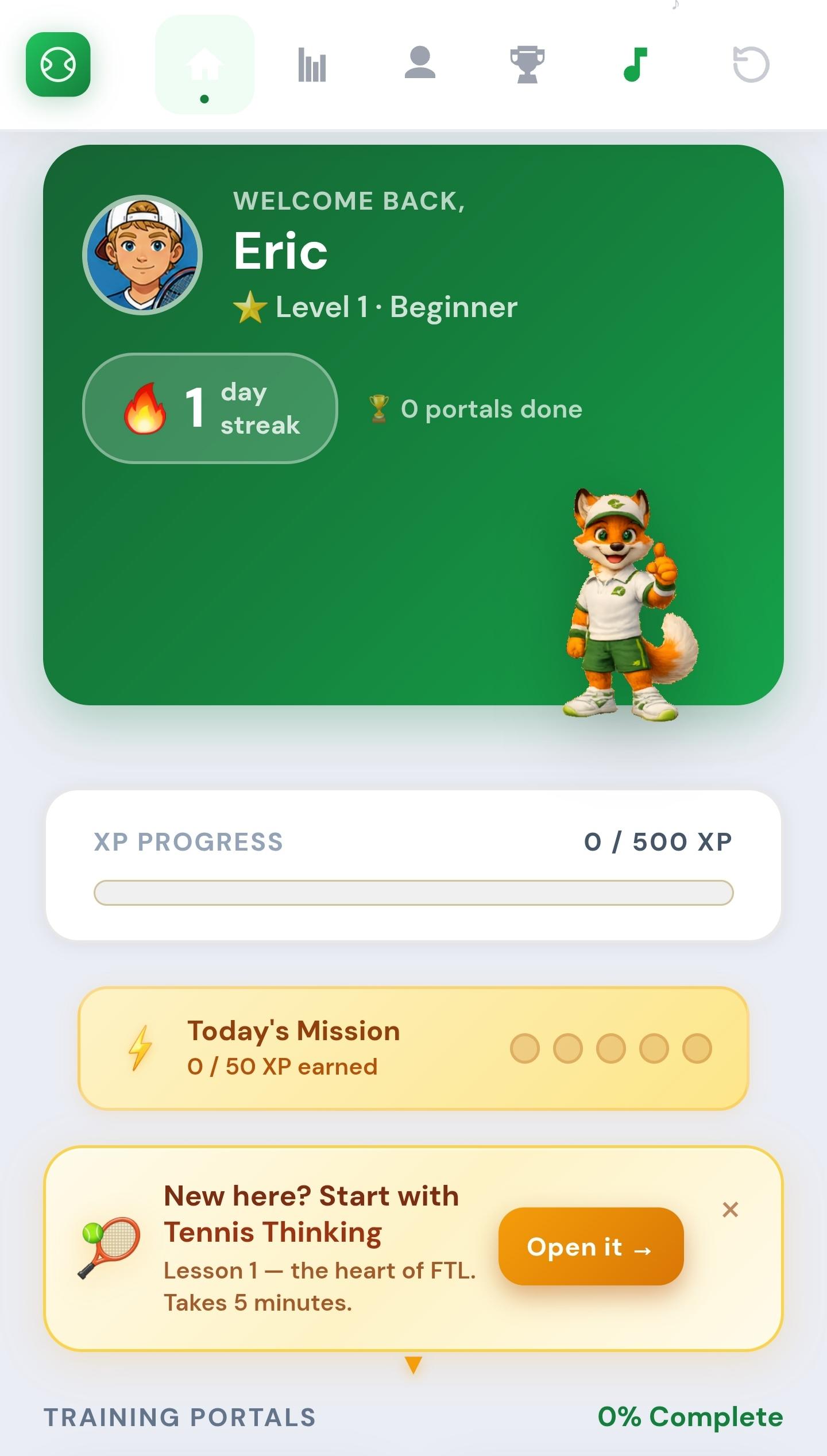 Foundation Tennis Lab kid app showing Ace fox mascot, welcome card with streak, XP progress bar and daily mission